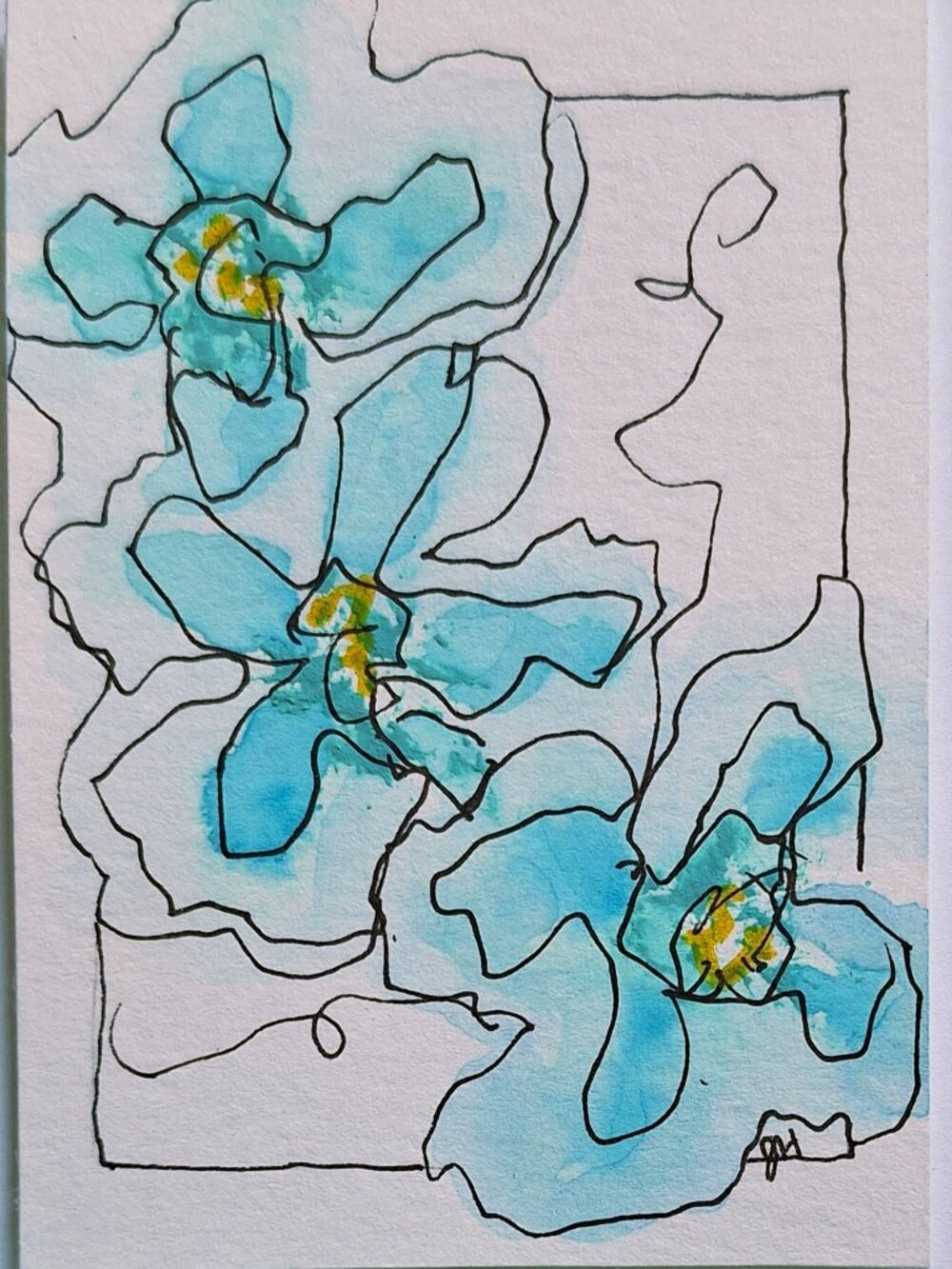 Original ACEO Watercolor Turquoise Floral with Gold Metallic Accents  Ships Free